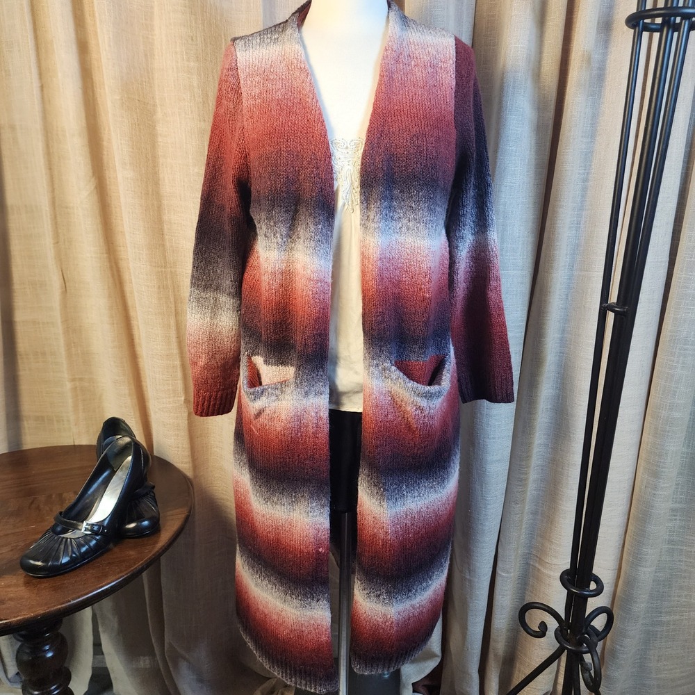 Joseph A Ombre Stripe Long Duster Cardigan L Burgundy Boho Western Pockets